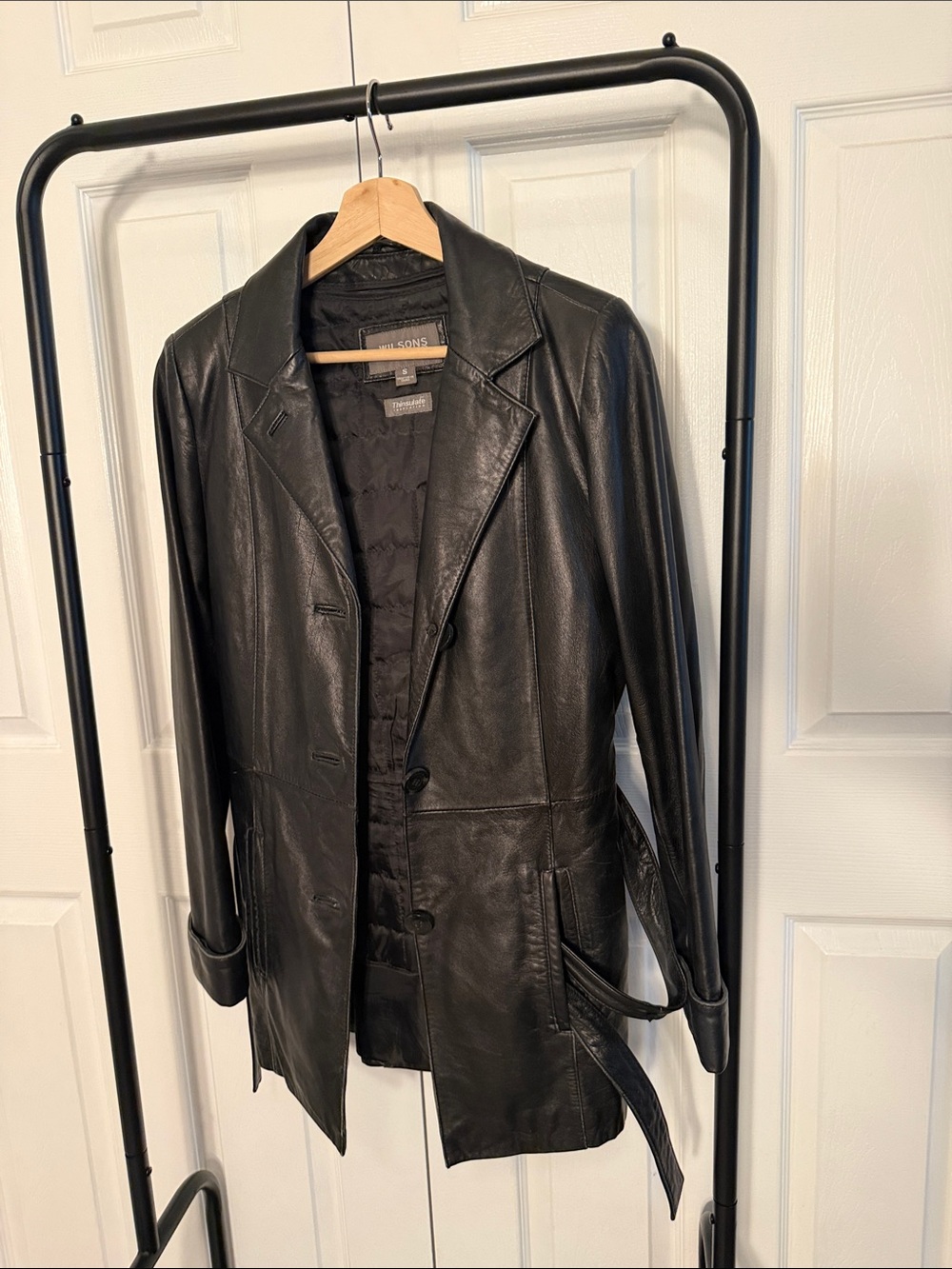 Wilsons Leather Black Leather Button-Front Coat with Notch Lapel